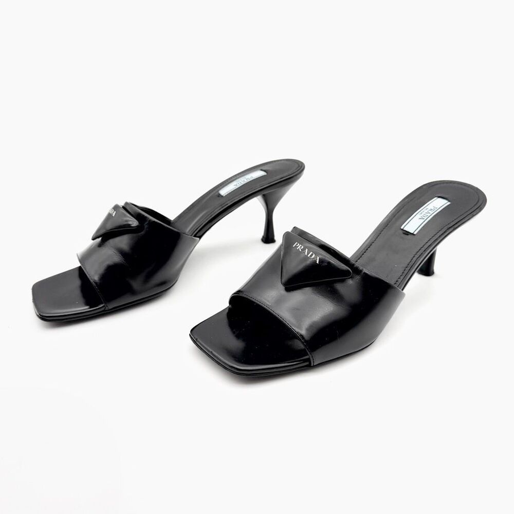 PRADA Black Spazzolato Leather Heel Size 40 Slide Mule Triangle Logo Open Toe